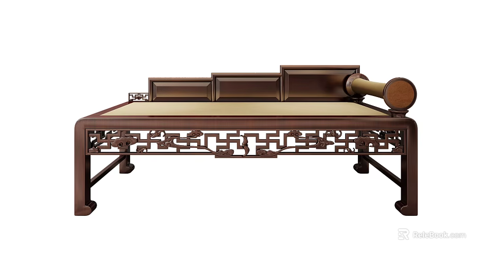 Traditional Chinese Wooden Daybed With Intricate Carved Patterns And Cushioned Surface 3d model 