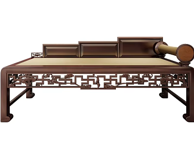Traditional Chinese Wooden Daybed With Intricate Carved Patterns And Cushioned Surface 3d model