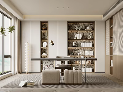 Modern Study Room Interior With Wooden Bookshelves Desk Large Windows Books And Hanging Plants 3d model