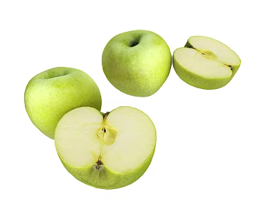 Juicy Fresh Green Apples Whole and Sliced Displayed on White Background 3d model