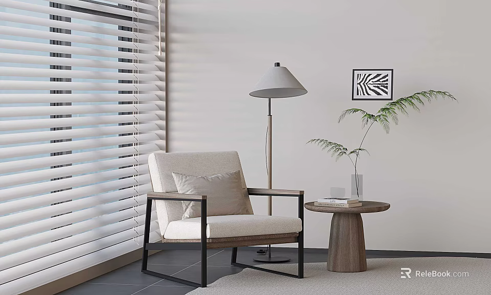 Cozy Modern Casual Chair In Living Room With White Blinds Floor Lamp Green Plant And Small Side Table 3d model 