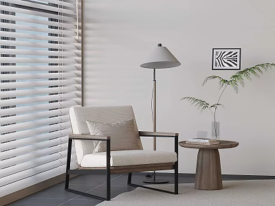 Cozy Modern Casual Chair In Living Room With White Blinds Floor Lamp Green Plant And Small Side Table 3d model