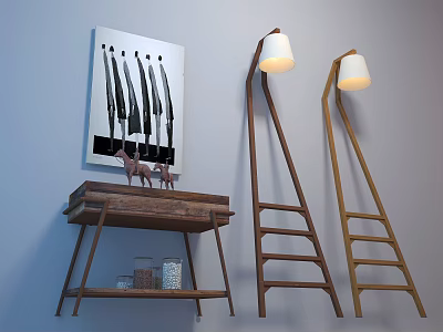 Rustic Wooden Console Table And Side Cabinet With Decorative Painting Floor Lamp And Decorative Items 3d model