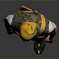 A Man Wearing Yellow Cap Camouflage Vest With Mechanical Prosthetic Arm And Yellow Crossbody Strap