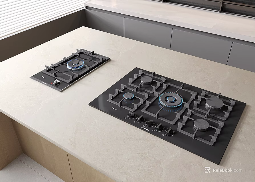 Modern Kitchen Interior With Black Gas Cooktops Light Countertop And Gray Cabinets 3d model 