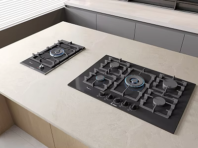 Modern Kitchen Interior With Black Gas Cooktops Light Countertop And Gray Cabinets 3d model