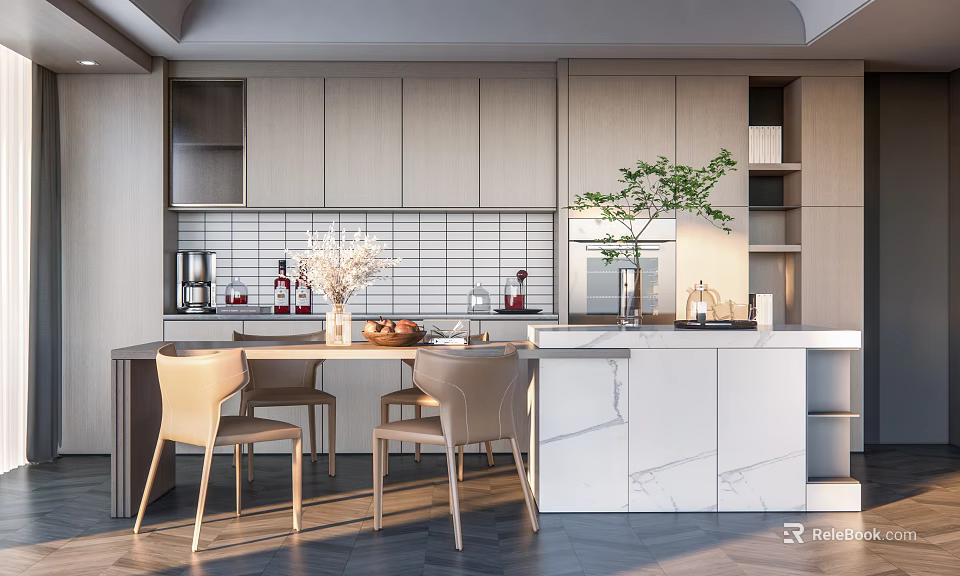 Modern Kitchen Interior Design With Light Wood Cabinets White Marble Island Dining Table And Chairs 3d model 
