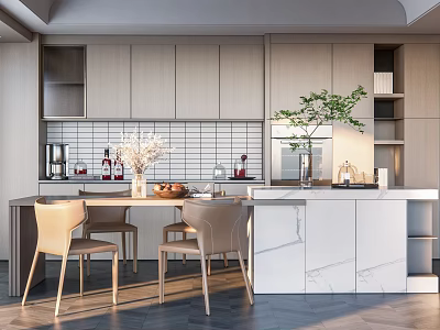 Modern Kitchen Interior Design With Light Wood Cabinets White Marble Island Dining Table And Chairs 3d model