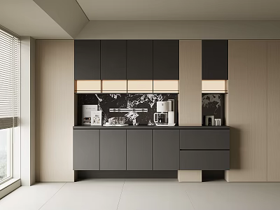 Sleek Modern Kitchen Sideboard Design With Black Cabinets Beige Panels Warm Lighting 3d model