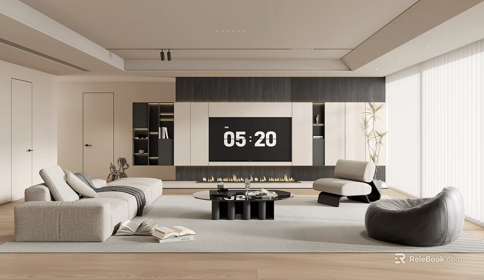 Modern Living Room Interior With TV Wall Sofa Coffee Table And Fireplace 3d model 