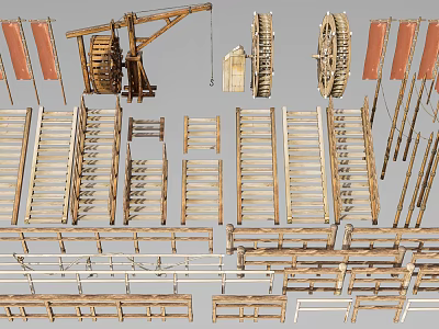 Wooden Garden Ornaments With Wheels Ladders Railings And Decorative Structures 3d model