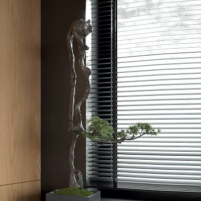 Bonsai Tree With Curved Branches And Green Foliage By Window With Blinds For Indoor 3d model