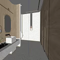 Modern Bathroom Interior With Round Mirror Terrazzo Countertop And Wooden Cabinets