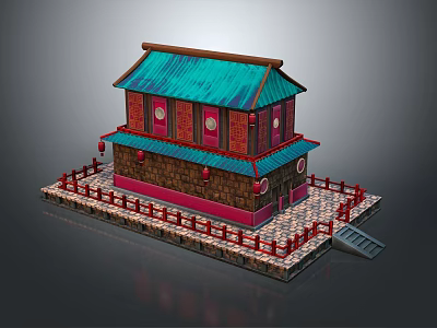 Cartoon Scene of Traditional Chinese Two Story Building With Green Roof Red Railings And Lanterns 3d model