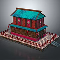 Cartoon Scene of Traditional Chinese Two Story Building With Green Roof Red Railings And Lanterns