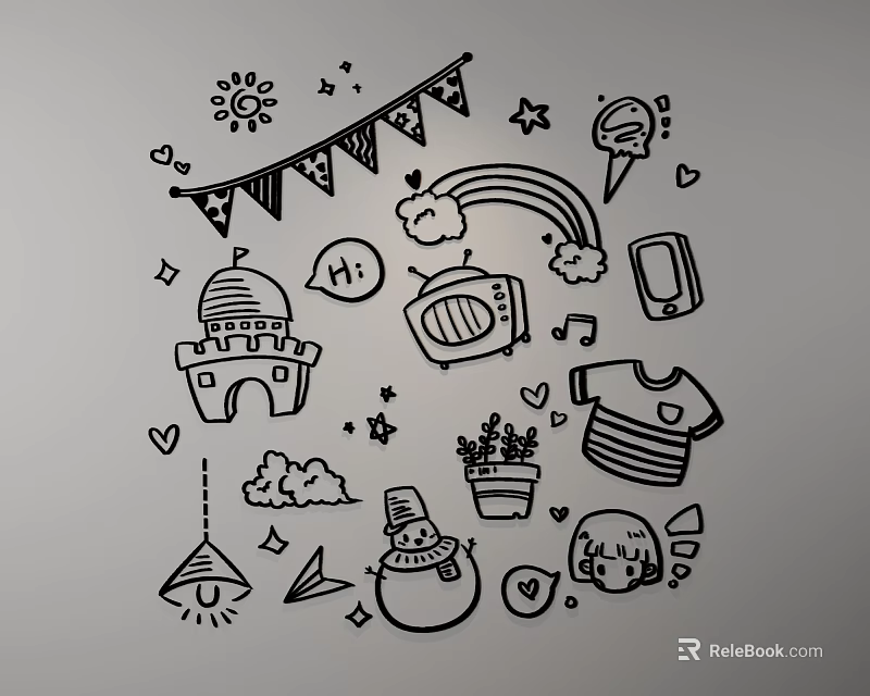 Hand Drawn Doodle Wall Decor With Sun Bunting Flags Stars Castle TV And Snowman 3d model 