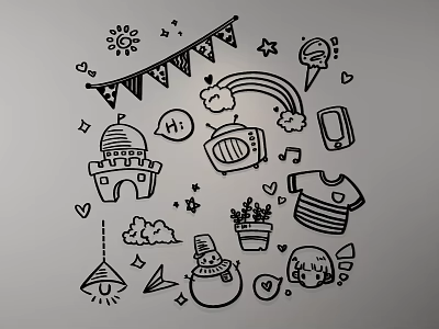 Hand Drawn Doodle Wall Decor With Sun Bunting Flags Stars Castle TV And Snowman 3d model