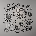 Hand Drawn Doodle Wall Decor With Sun Bunting Flags Stars Castle TV And Snowman