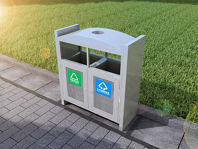 Roadside Dual Compartment Trash Bin With Green Blue Labels Next To Grass And Paved Sidewalk 3d model