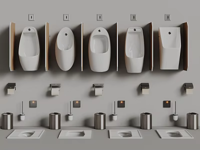 Row of Urinals in Different Designs with Bathroom Accessories and Hardware Fixtures 3d model