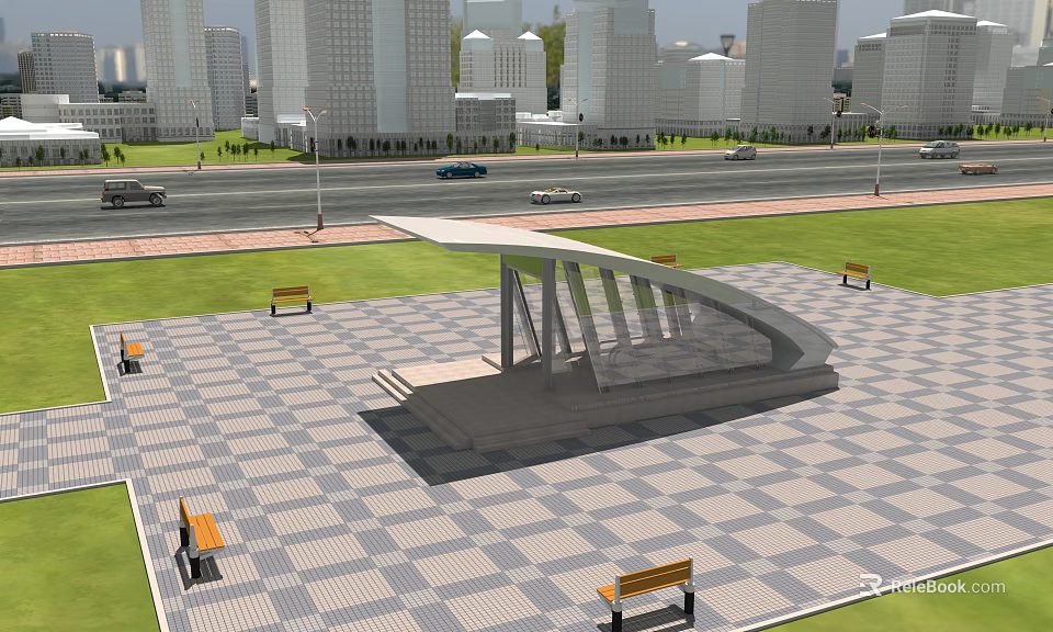 Modern Urban Transit Station Plaza With Bench Seating And Skyscraper Background 3d model 