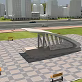 Modern Urban Transit Station Plaza With Bench Seating And Skyscraper Background