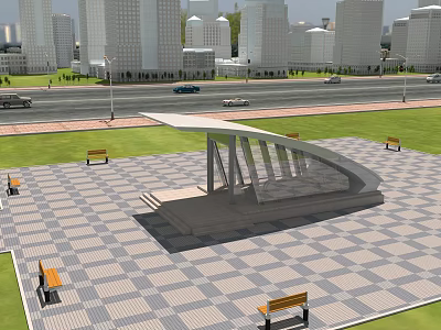 Modern Urban Transit Station Plaza With Bench Seating And Skyscraper Background 3d model