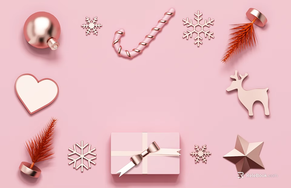 Christmas Themed Decorative Ornament Set With Pink Background Gold Snowflakes Gift Box And Reindeer 3d model 