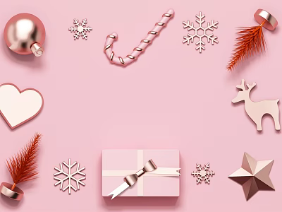 Christmas Themed Decorative Ornament Set With Pink Background Gold Snowflakes Gift Box And Reindeer 3d model