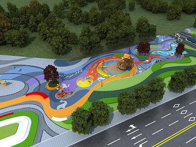 Outdoor Playground With Colorful Curved Pathways Surrounding Green Trees And Modern Design 3d model