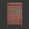 Vintage Red Wooden Cabinet With Multiple Drawers Carved Details And Textured Surface