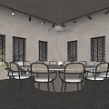 Elegant Private Dining Room With Round Table Woven Rattan Chairs And Shutter Windows 3d model