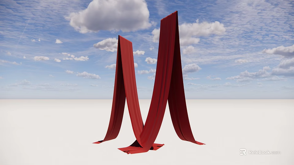 Red M Shaped Ceiling Drapery Against Blue Sky With White Clouds 3d model 