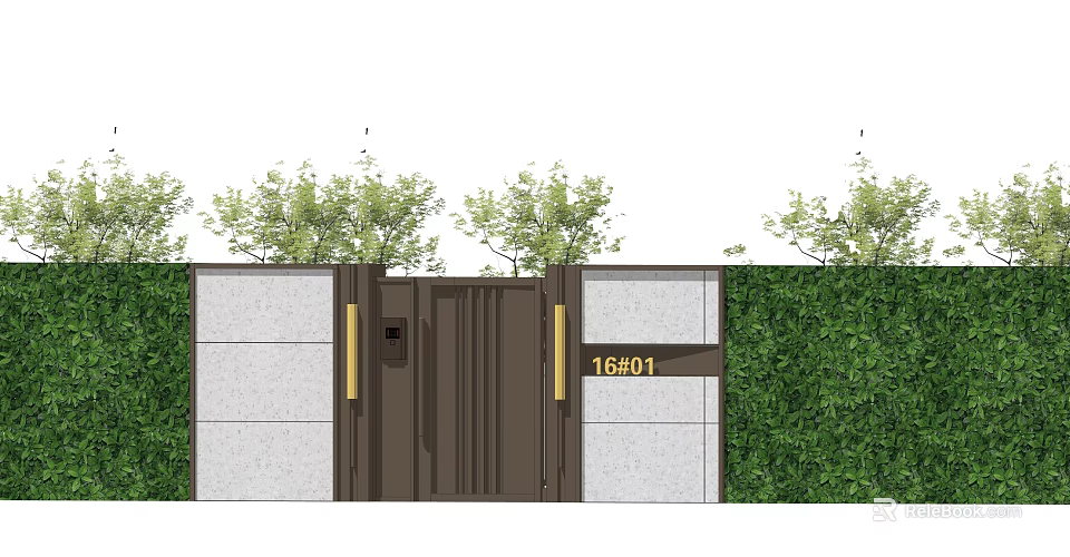 Dark Brown Entrance Gate With Number 16401 Green Shrubs And Gray Walls 3d model 