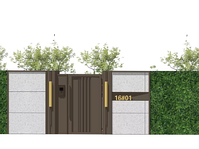 Dark Brown Entrance Gate With Number 16401 Green Shrubs And Gray Walls 3d model