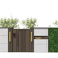 Dark Brown Entrance Gate With Number 16401 Green Shrubs And Gray Walls