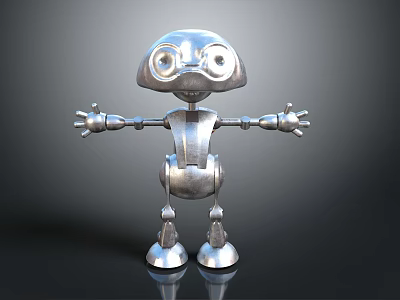 Silver Metallic Robot 3D Model With Big Eyes Outstretched Arms Legs And Dark Background 3d model