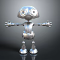 Silver Metallic Robot 3D Model With Big Eyes Outstretched Arms Legs And Dark Background