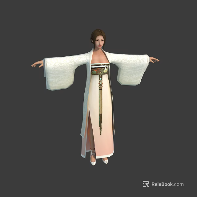 Female Character In Traditional White Robe With Wide Sleeves And Waist Decoration Arms Outstretched 3d model 