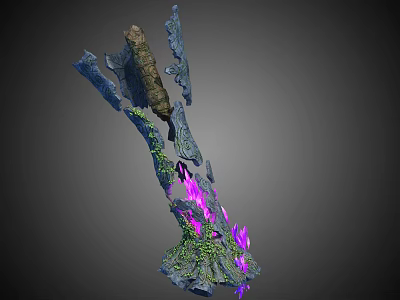 Fantasy Pillar With Blue Structure Green Moss And Purple Glowing Elements 3d model
