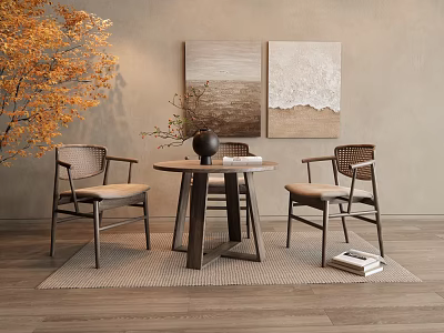 Round Wooden Table With Three Chairs Woven Backrest Beige Cushions Abstract Paintings Yellow Plant 3d model
