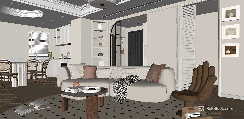 Modern Open Concept Living And Dining Room With Beige Sofa Coffee Table Area Rug And Chandelier 3d model 