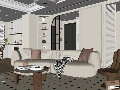 Modern Open Concept Living And Dining Room With Beige Sofa Coffee Table Area Rug And Chandelier 3d model