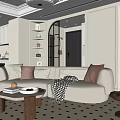 Modern Open Concept Living And Dining Room With Beige Sofa Coffee Table Area Rug And Chandelier