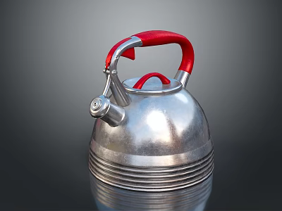 Silver Metallic Kettle With Red Handle And Ribbed Design For Household Use 3d model