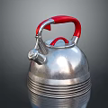 Silver Metallic Kettle With Red Handle And Ribbed Design For Household Use