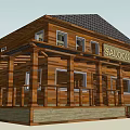 Traditional Wooden Saloon Building With Two Story Structure Black Roof And Porch Railing