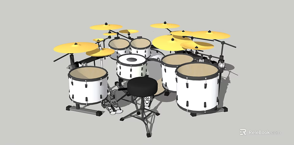 Complete Drum Set With Multiple Drums Yellow Cymbals And Black Stool 3d model 