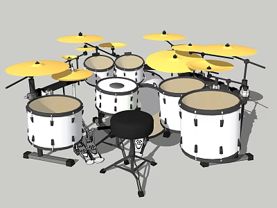 Complete Drum Set With Multiple Drums Yellow Cymbals And Black Stool 3d model