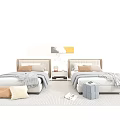 Two Modern Single Beds With Wooden Headboards Gray Bedding Nightstands Plants And Rug